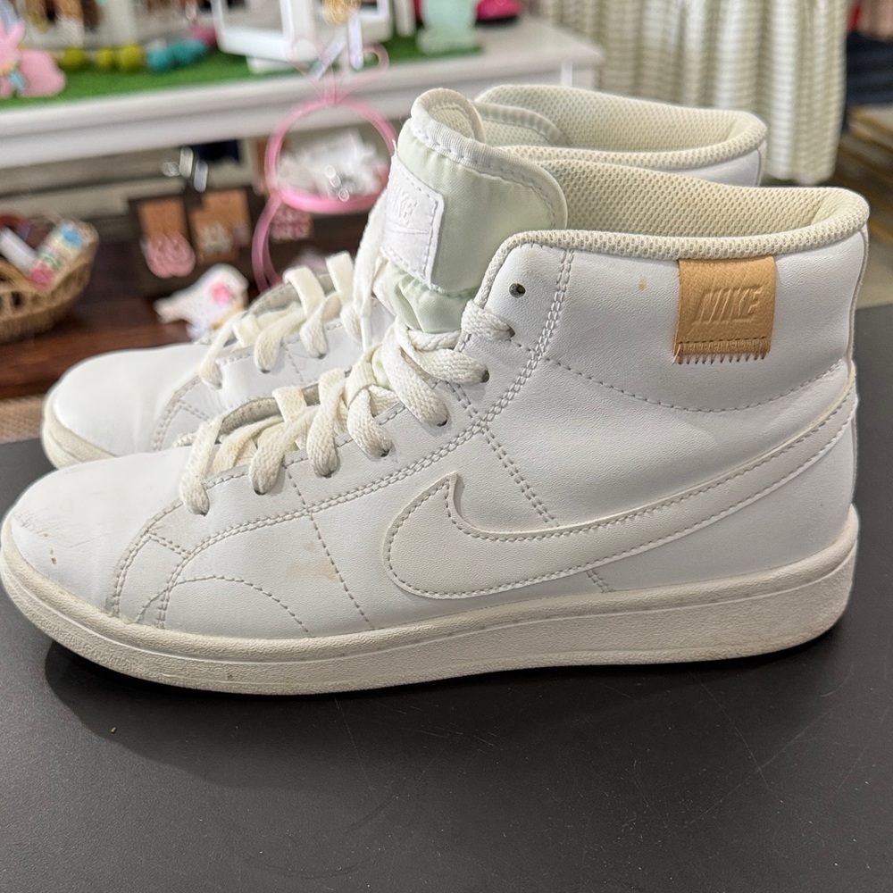 Nike White High-Top Sneakers with Tan Heel Patch